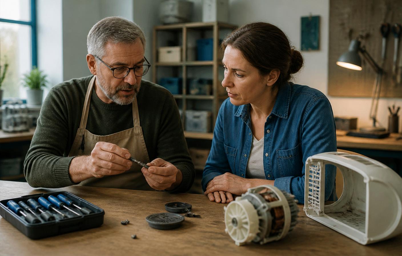 Atelier de réparation moderne, propre et bien organisé, plans de travail équipés